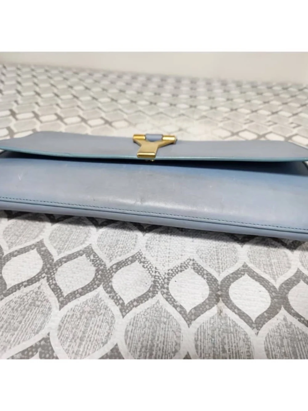 Authentic YVES SAINT LAURENT Calfskin Leather Ligne Y Clutch Bag Blue